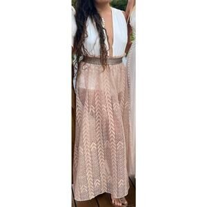 Goddess Sheer Skirt Set – Peach & White Two-Piece with Tie Waist (XS–M)